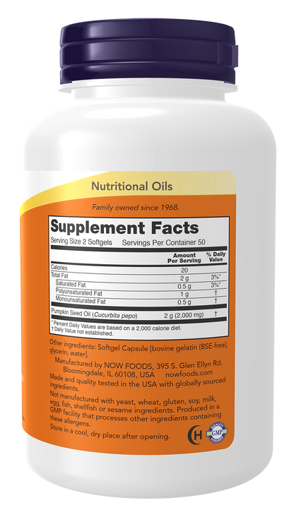 NOW Supplements, Pumpkin Seed Oil 1000 mg with Essential Fatty Acids and Phytosterols, Cold Pressed, 100 Softgels