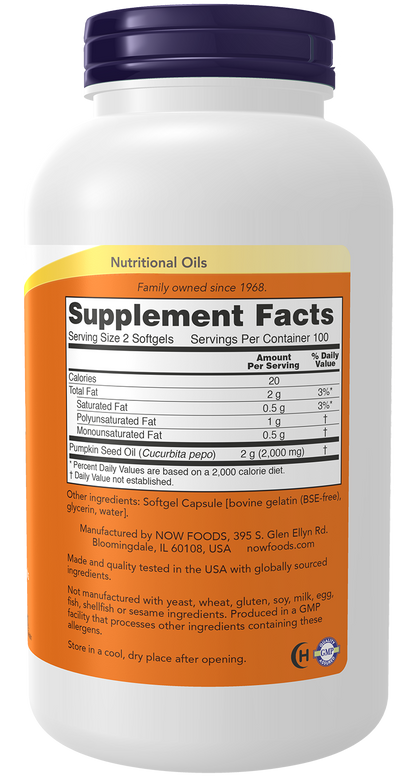 NOW Supplements, Pumpkin Seed Oil 1000 mg with Essential Fatty Acids and Phytosterols, Cold Pressed, 200 Softgels