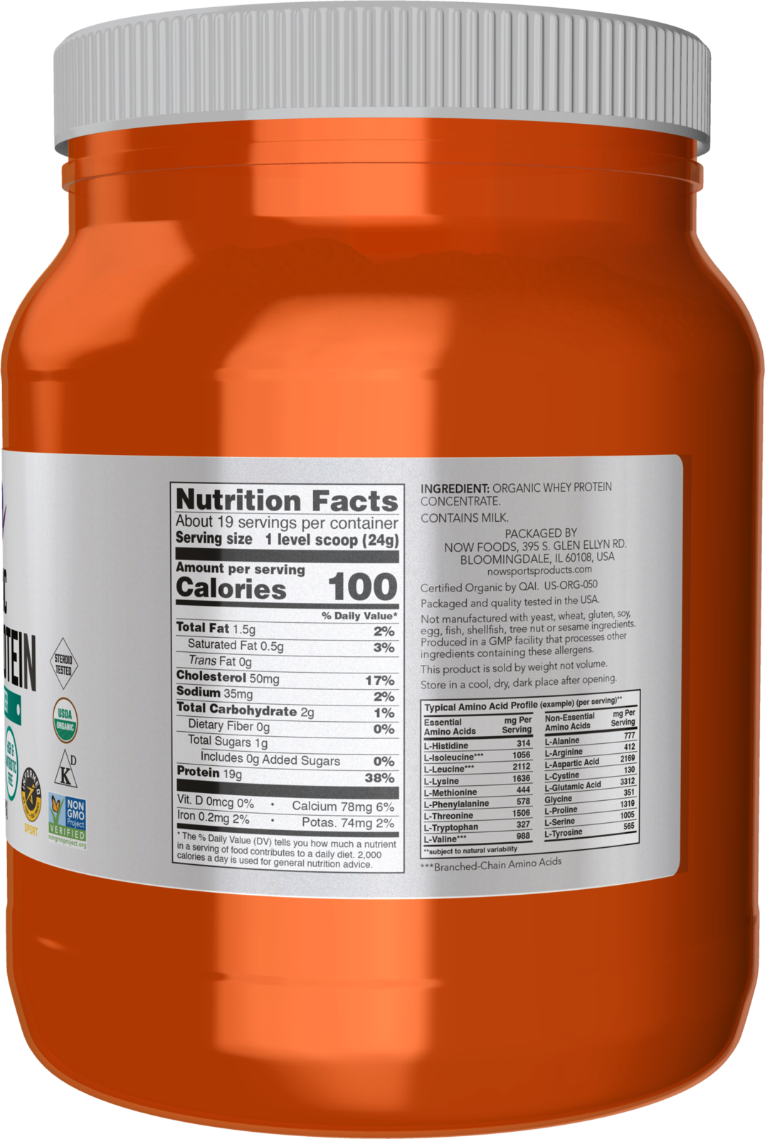 NOW Sports Nutrition, Certified Organic Whey Protein 19 g, Unflavored Powder, 1-Pound