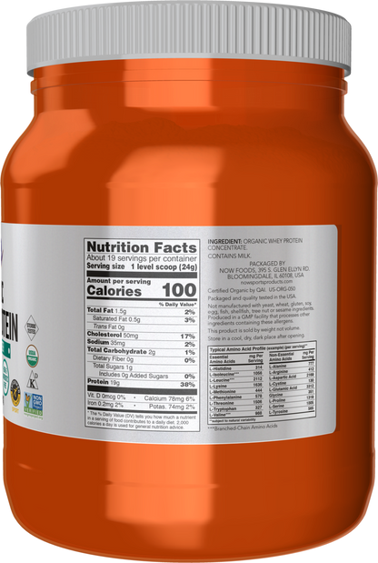 NOW Sports Nutrition, Certified Organic Whey Protein 19 g, Unflavored Powder, 1-Pound