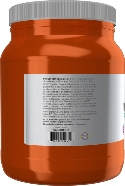 NOW Sports Nutrition, Certified Organic Whey Protein 19 g, Unflavored Powder, 1-Pound