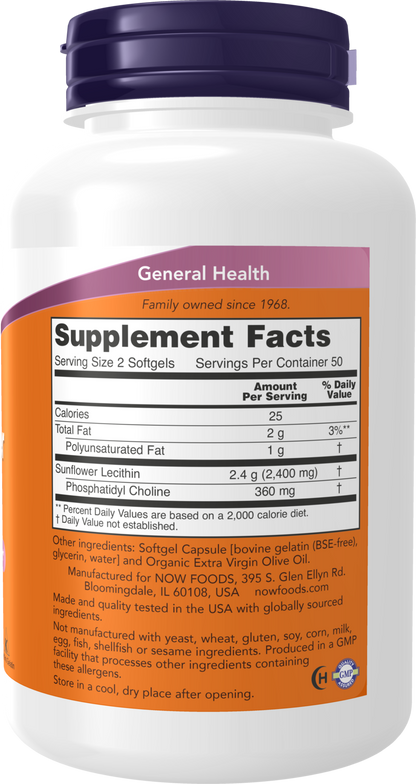 NOW Supplements, Sunflower Lecithin 1200 mg with Phosphatidyl Choline, 100 Softgels