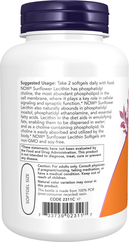 NOW Supplements, Sunflower Lecithin 1200 mg with Phosphatidyl Choline, 100 Softgels