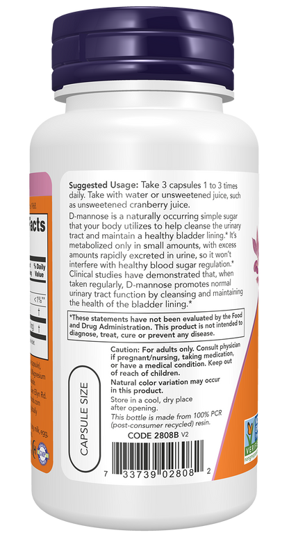 NOW Supplements, D-Mannose 500 mg, Non-GMO Project Verified, Healthy Urinary Tract*, 60 Veg Capsules