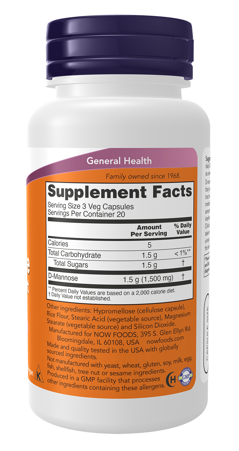 NOW Supplements, D-Mannose 500 mg, Non-GMO Project Verified, Healthy Urinary Tract*, 60 Veg Capsules