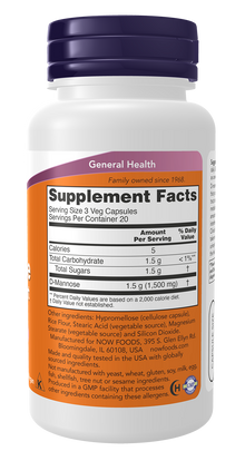 NOW Supplements, D-Mannose 500 mg, Non-GMO Project Verified, Healthy Urinary Tract*, 60 Veg Capsules