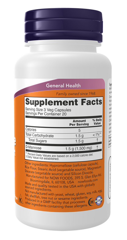NOW Supplements, D-Mannose 500 mg, Non-GMO Project Verified, Healthy Urinary Tract*, 60 Veg Capsules