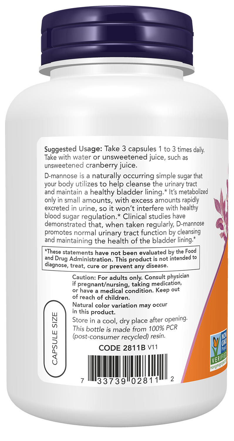 NOW Supplements, D-Mannose 500 mg, Non-GMO Project Verified, Healthy Urinary Tract*, 120 Veg Capsules