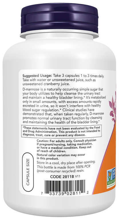 NOW Supplements, D-Mannose 500 mg, Non-GMO Project Verified, Healthy Urinary Tract*, 120 Veg Capsules