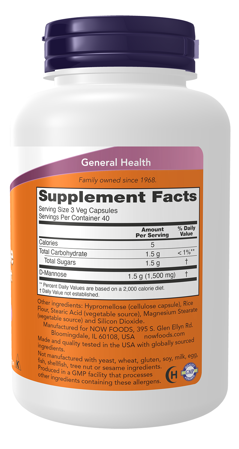NOW Supplements, D-Mannose 500 mg, Non-GMO Project Verified, Healthy Urinary Tract*, 120 Veg Capsules