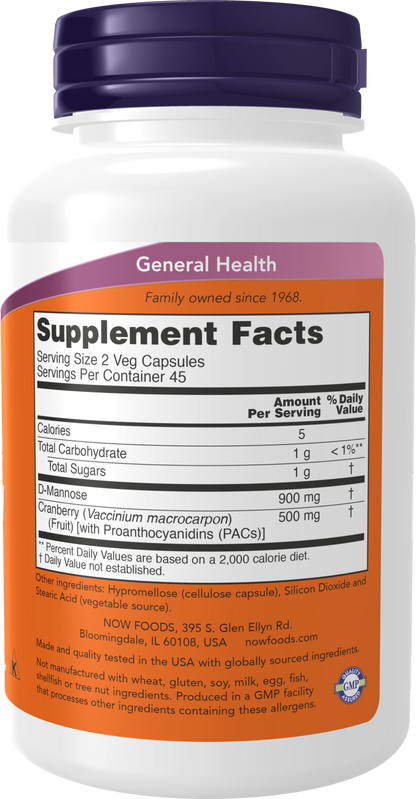 NOW Supplements, Mannose Cranberry, Dual Action Formula*, Clinically Evaluated, Urinary Tract Health*, 90 Veg Capsules