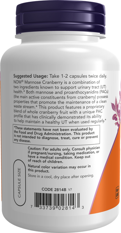NOW Supplements, Mannose Cranberry, Dual Action Formula*, Clinically Evaluated, Urinary Tract Health*, 90 Veg Capsules