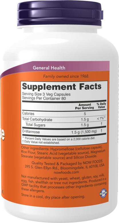 NOW Supplements, D-Mannose 500 mg, Non-GMO Project Verified, Healthy Urinary Tract*, 240 Veg Capsules