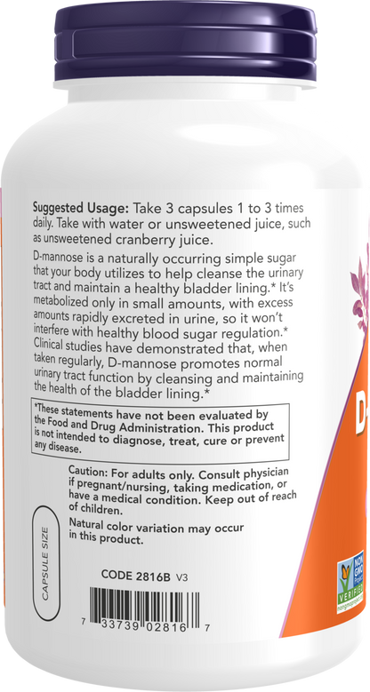 NOW Supplements, D-Mannose 500 mg, Non-GMO Project Verified, Healthy Urinary Tract*, 240 Veg Capsules