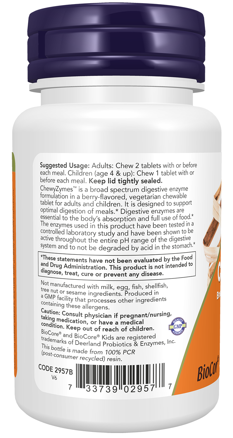 NOW Supplements, ChewyZymes, Broad Spectrum Chewable Enzymes, Berry Flavor, 90 Chewables