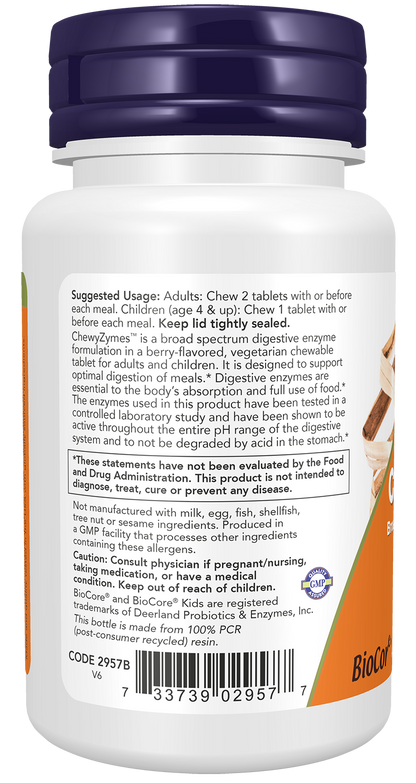 NOW Supplements, ChewyZymes, Broad Spectrum Chewable Enzymes, Berry Flavor, 90 Chewables