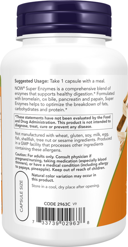NOW Supplements, Super Enzymes, Formulated with Bromelain, Ox Bile, Pancreatin and Papain, Super Enzymes,90 Capsules