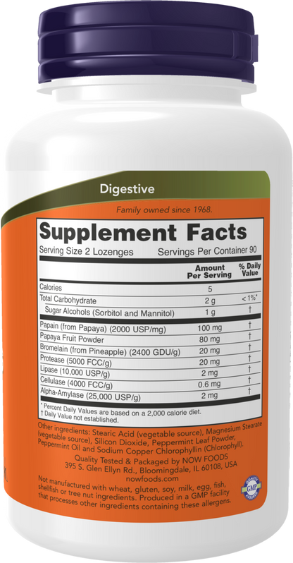 NOW Supplements, Papaya Enzyme with Mint and Chlorophyll, Digestive Support*, 180 Chewable Lozenges