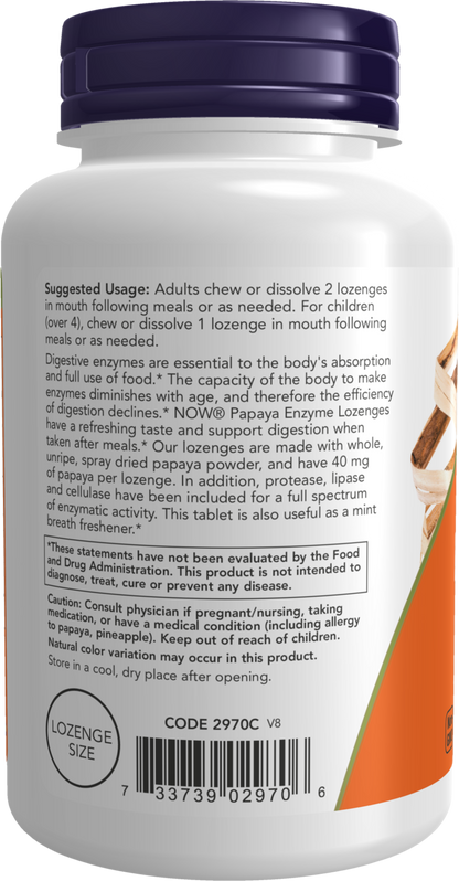 NOW Supplements, Papaya Enzyme with Mint and Chlorophyll, Digestive Support*, 180 Chewable Lozenges