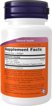 NOW Supplements, Lutein 10 mg with 10 mg of Free Lutein from Lutein Esters, 60 Softgels