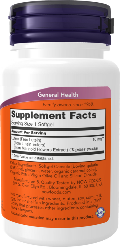 NOW Supplements, Lutein 10 mg with 10 mg of Free Lutein from Lutein Esters, 60 Softgels