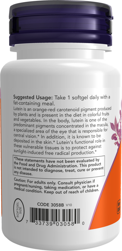 NOW Supplements, Lutein 10 mg with 10 mg of Free Lutein from Lutein Esters, 60 Softgels