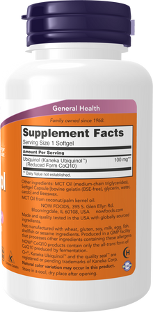 NOW Supplements, Ubiquinol 100 mg, High Bioavailability (the Active Form of CoQ10), 120 Softgels