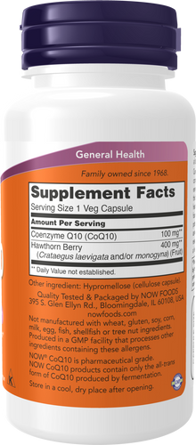 NOW Supplements, CoQ10 100 mg with Hawthorn Berry, Pharmaceutical Grade, All-Trans Form produced by Fermentation, 90 Veg Capsules