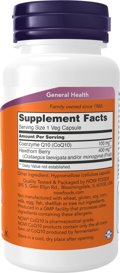 NOW Supplements, CoQ10 100 mg with Hawthorn Berry, Pharmaceutical Grade, All-Trans Form produced by Fermentation, 90 Veg Capsules