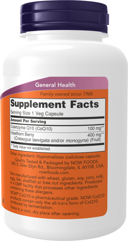 NOW Supplements, CoQ10 100 mg with Hawthorn Berry, Pharmaceutical Grade, All-Trans Form produced by Fermentation, 180 Veg Capsules
