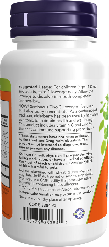 NOW Supplements, Sambucus Zinc-C with Elderberry Concentrate and Vitamin C, 60 Lozenges