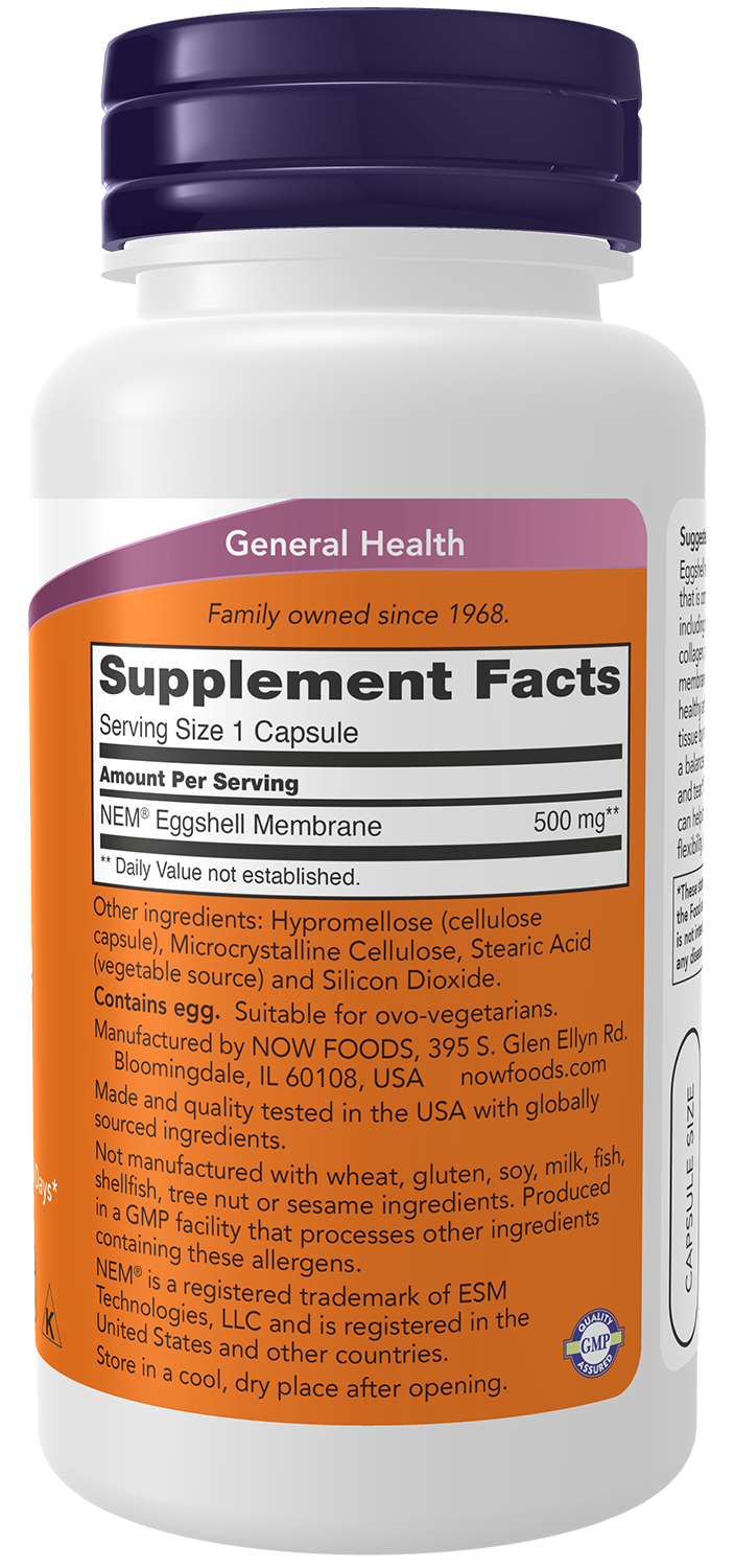 NOW Supplements, Eggshell Membrane (A Unique Biological Matrix Composed of Major Joint Constituents) 500 mg, 60 Veg Capsules