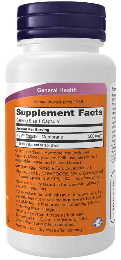 NOW Supplements, Eggshell Membrane (A Unique Biological Matrix Composed of Major Joint Constituents) 500 mg, 60 Veg Capsules