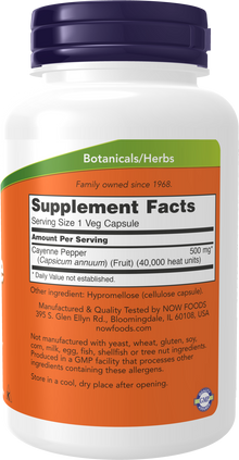 NOW Supplements, Cayenne (Capsicum annuum) 500 mg, Herbal Support, 250 Veg Capsules