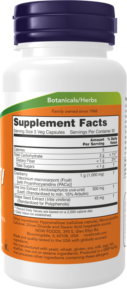 NOW Supplements, Cranberry with PACs, plus Uva Ursi and Grape Seed Extracts 90 Veg Capsules