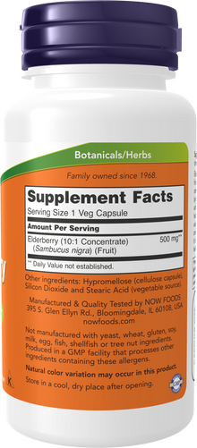 NOW Supplements, Elderberry (Sambucus nigra) 500 mg, 10:1 Concentrate, 60 Veg Capsules