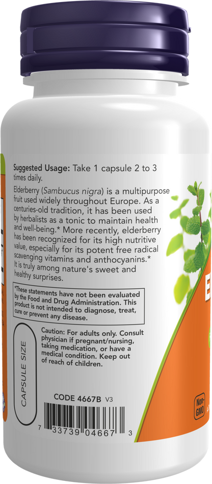 NOW Supplements, Elderberry (Sambucus nigra) 500 mg, 10:1 Concentrate, 60 Veg Capsules