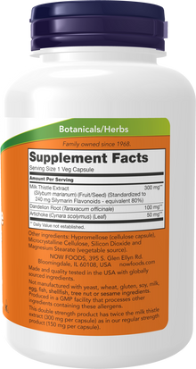 NOW Supplements, Milk Thistle Extract, Double Strength 300 mg, Silymarin (240 mg), Supports Liver Function*, With Artichoke and Dandelion, 200 Veg Capsules