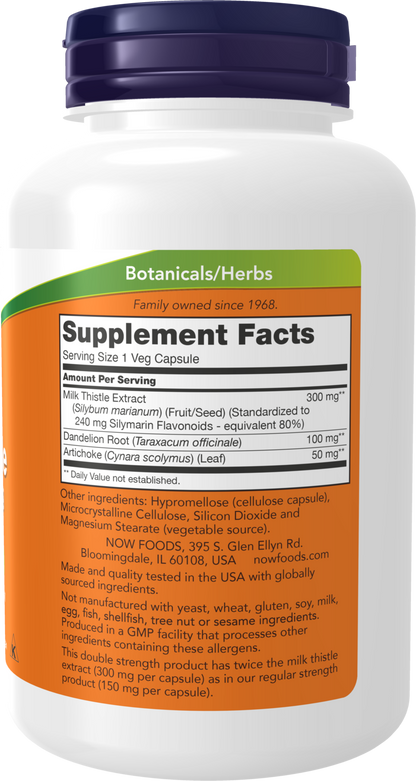NOW Supplements, Milk Thistle Extract, Double Strength 300 mg, Silymarin (240 mg), Supports Liver Function*, With Artichoke and Dandelion, 200 Veg Capsules