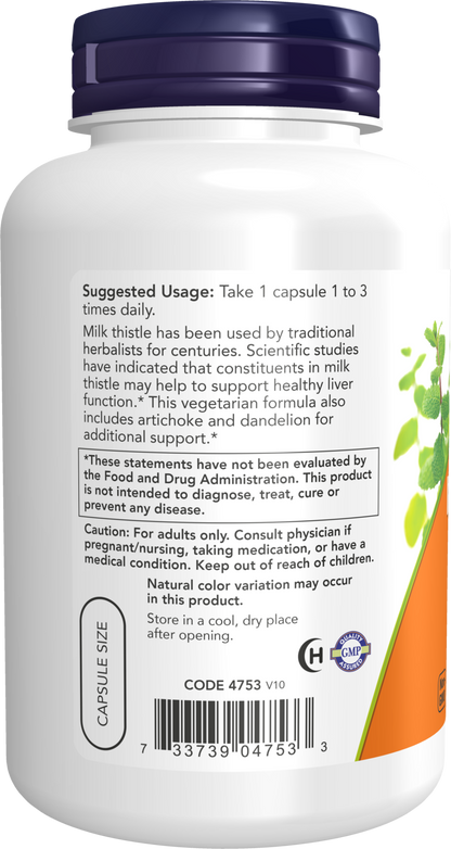 NOW Supplements, Milk Thistle Extract, Double Strength 300 mg, Silymarin (240 mg), Supports Liver Function*, With Artichoke and Dandelion, 200 Veg Capsules