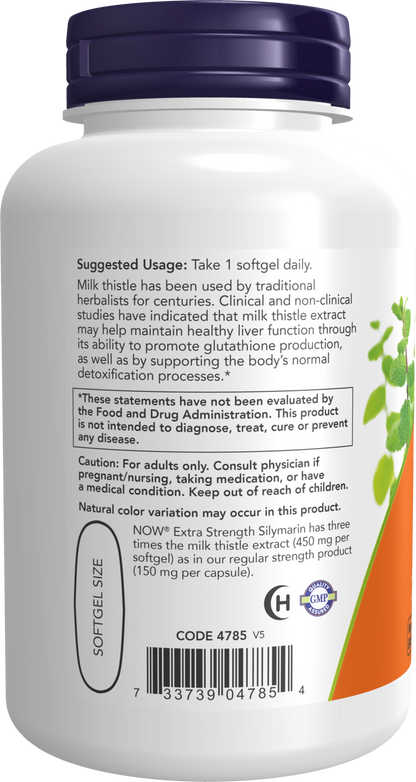 NOW Supplements, Silymarin Milk Thistle Extract, Extra Strength 450 mg, 120 Softgels