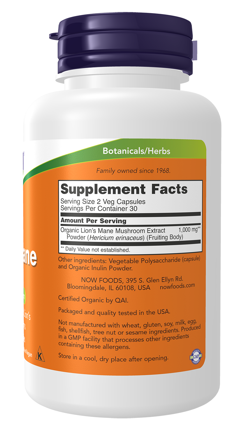 NOW Supplements, Lion's Mane 500 mg, Super Mushroom, Made with Organic Lion's Mane Mushrooms, 60 Veg Capsules