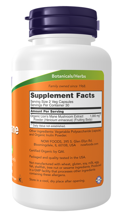 NOW Supplements, Lion's Mane 500 mg, Super Mushroom, Made with Organic Lion's Mane Mushrooms, 60 Veg Capsules