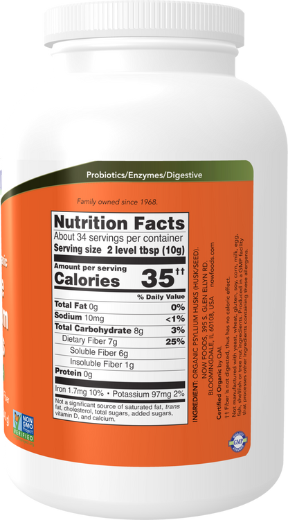 NOW Supplements, Whole Psyllium Husks, Certified Organic, Non-GMO Project Verified, Soluble Fiber, 12-Ounce