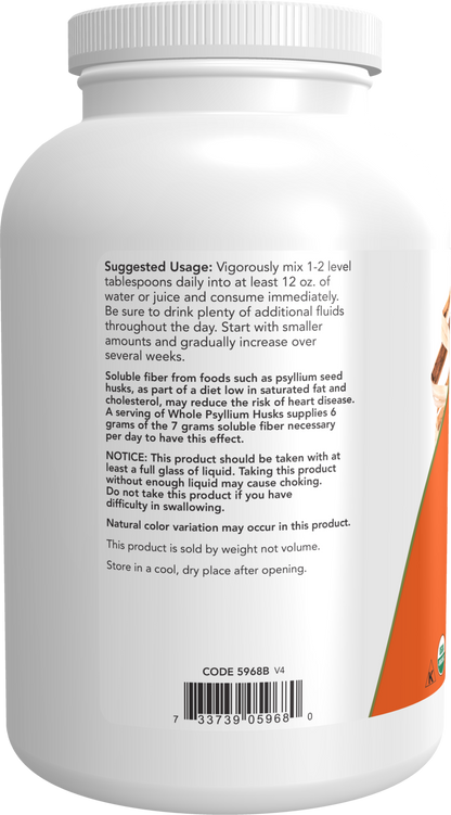 NOW Supplements, Whole Psyllium Husks, Certified Organic, Non-GMO Project Verified, Soluble Fiber, 12-Ounce