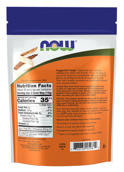 NOW Supplements, Whole Psyllium Husks, Non-GMO Project Verified, Soluble Fiber, 16-Ounce