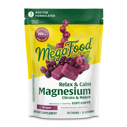 Megafood, Relax + Calm† Magnesium Soft Chews - Grape Flavor, Citrate & Malate, 30 Chews