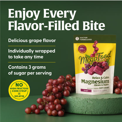 Megafood, Relax + Calm† Magnesium Soft Chews - Grape Flavor, Citrate & Malate, 30 Chews